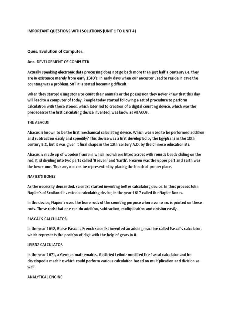 Ques. Evolution of Computer. Ans. Important Questions With Solutions