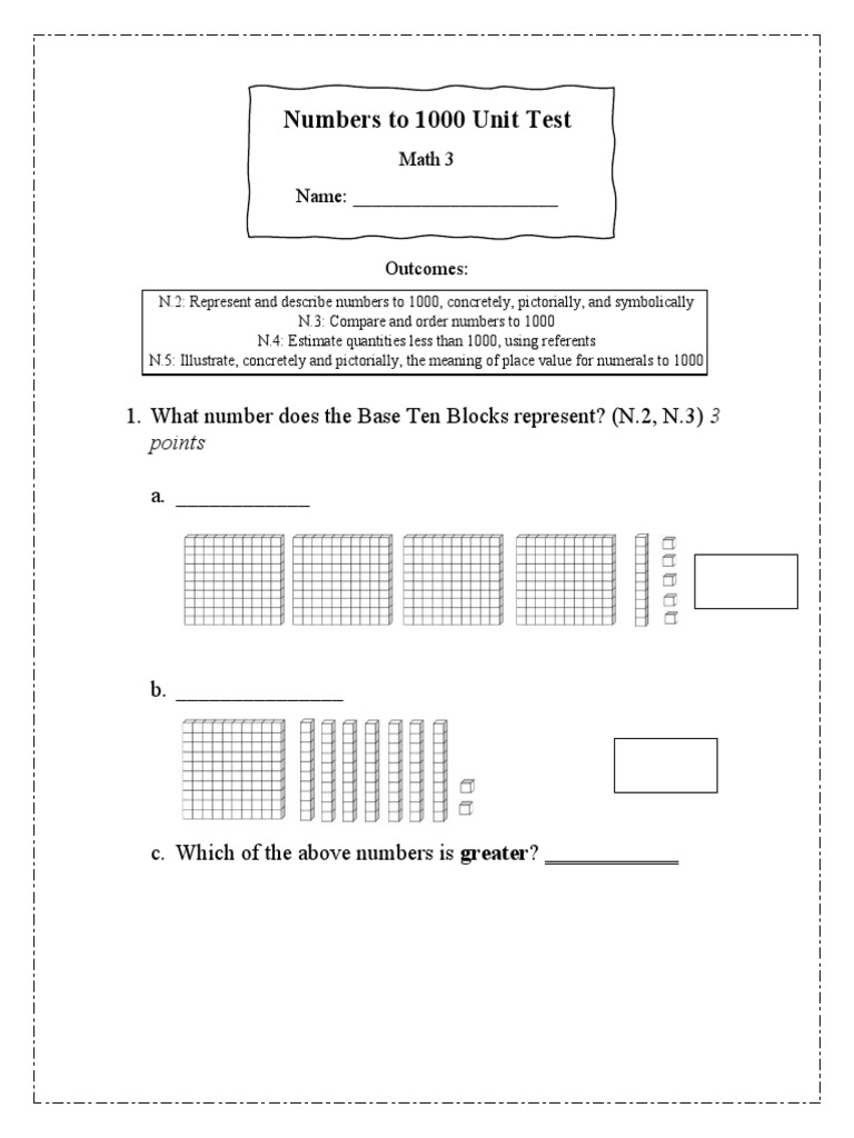 Numbers to 1000 Unit Test | PDF