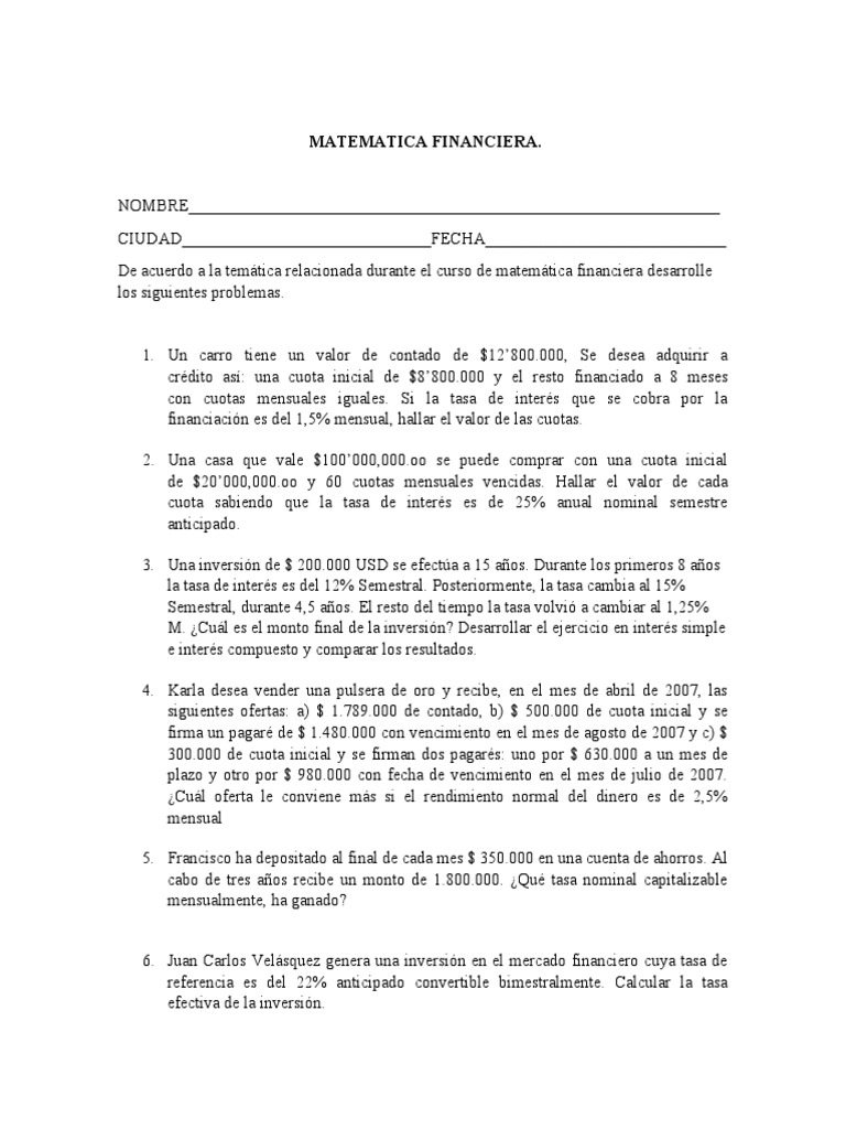 Ejercicios Resueltos de Matemática Financiera | PDF | Finanzas ...