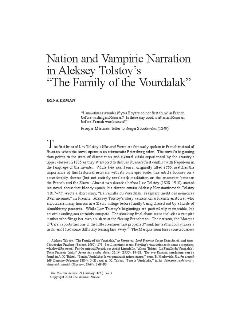 Irina Erman Nation And Vampiric Narration In The Family Of The Vourdalak Vampires Dracula