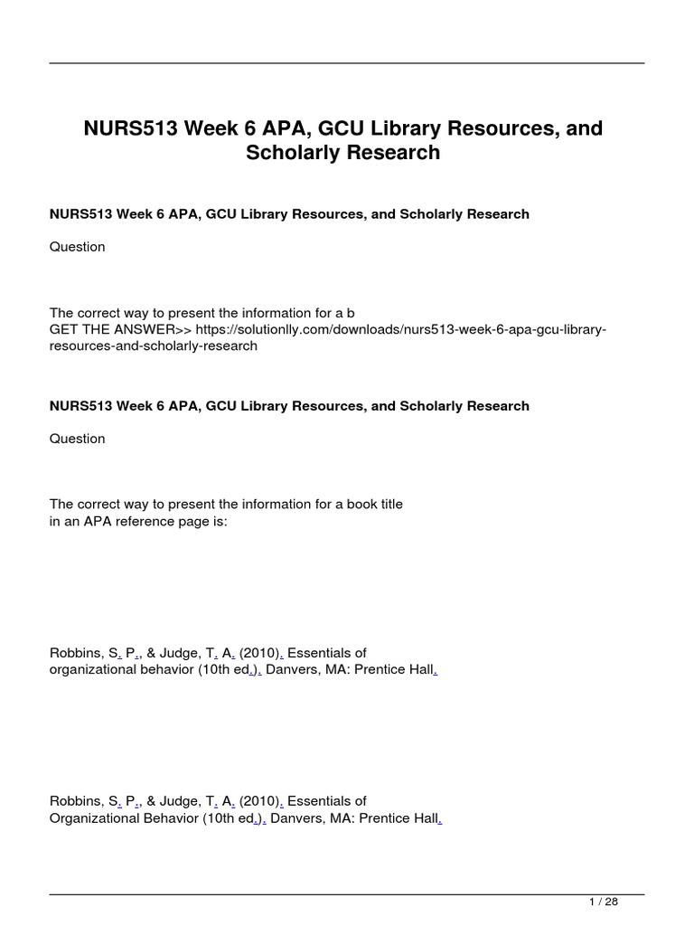 Nurs513 Week 6 Apa Gcu Library Resources And Scholarly Research Pdf Apa Style Evidence Based Medicine