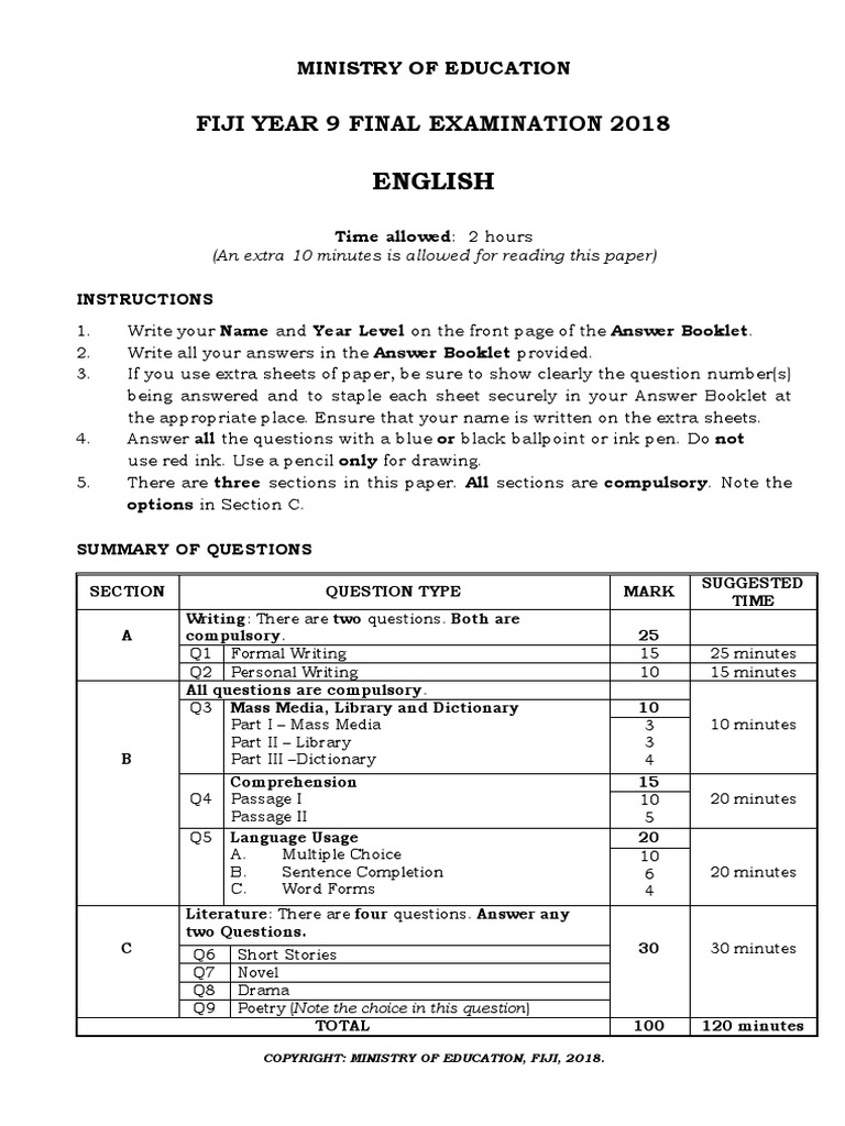 English: Fiji Year 9 Final Examination 2018 | PDF | Coral Reef | Swimming