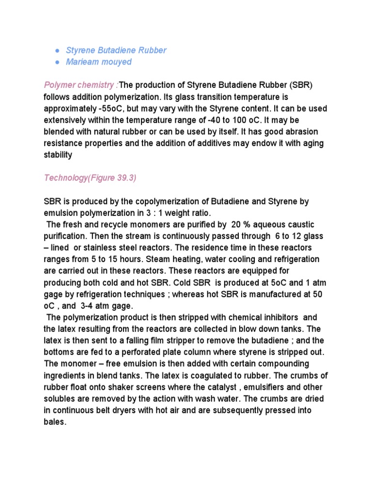 Styrene Butadiene Rubber Production Process | PDF