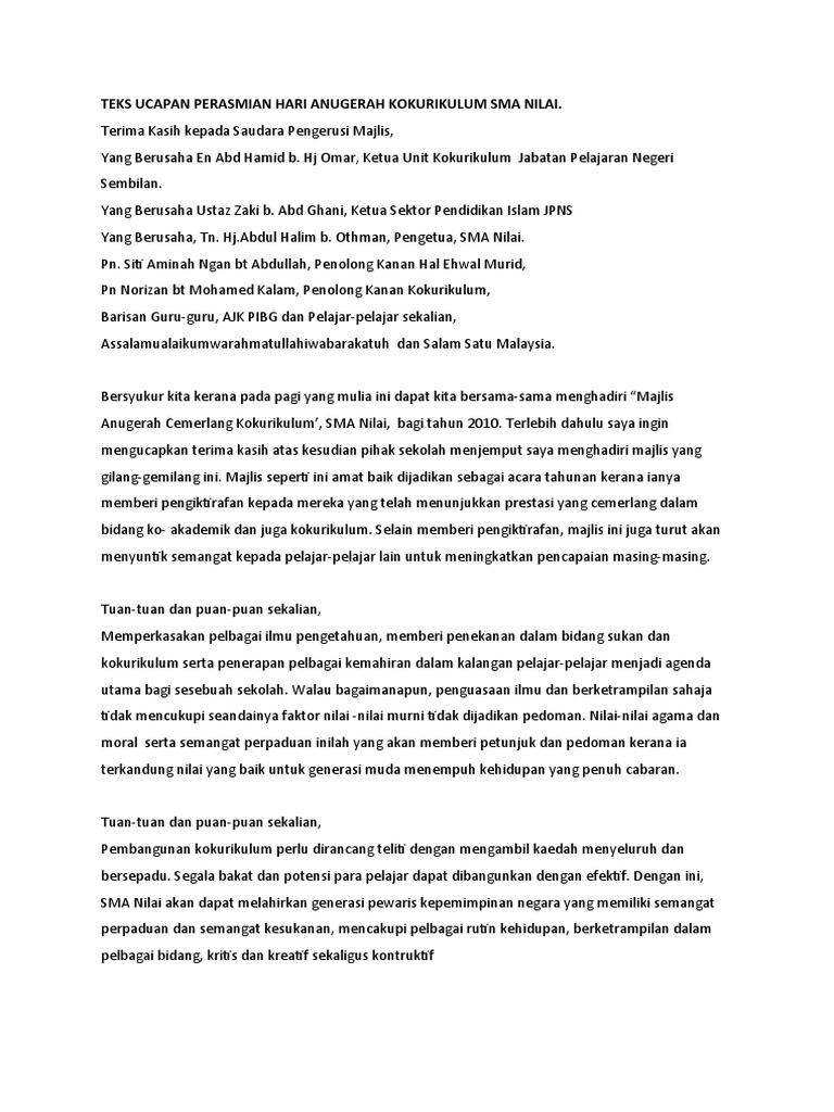 Teks Ucapan Perasmian Hari Anugerah Kokurikulum Sma Nilai | PDF