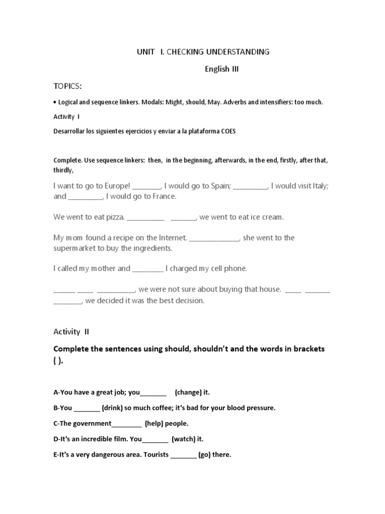 English III: Modals and Linkers Exercises | PDF | Foods | Beverages