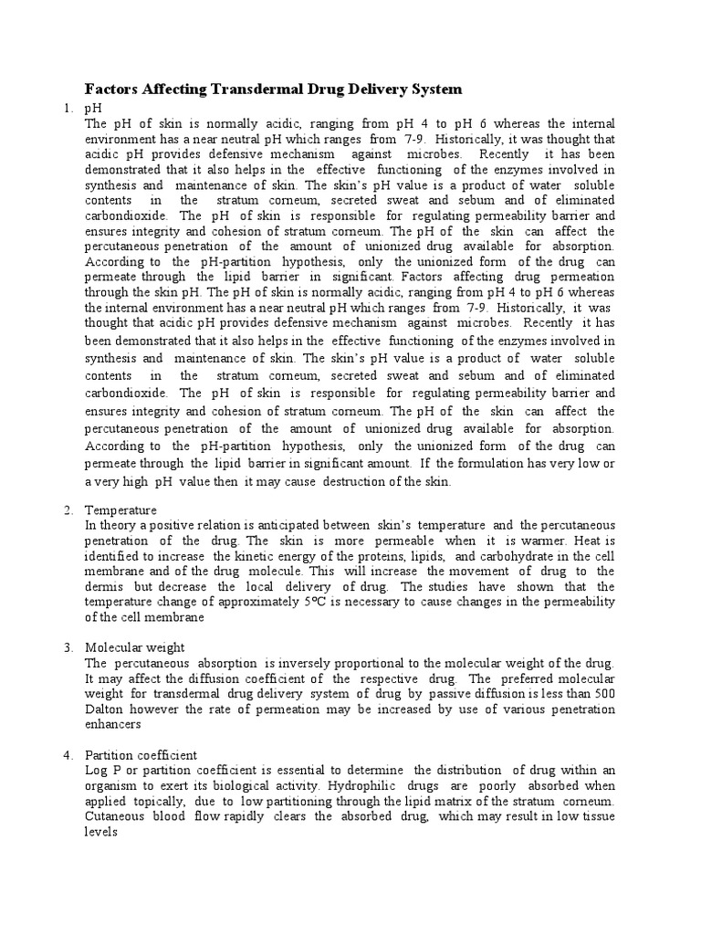 Factors Affecting Transdermal Drug Delivery System PDF Skin Epidermis