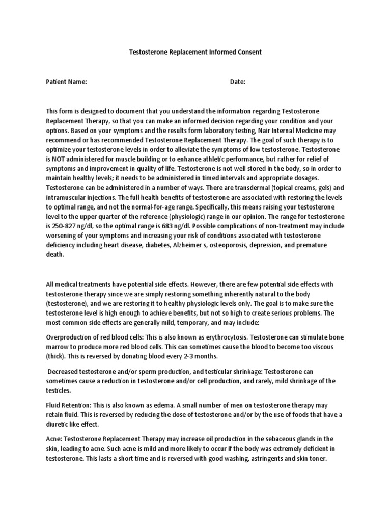 Testosterone Replacement Therapy Consent | PDF | Testosterone | Indemnity