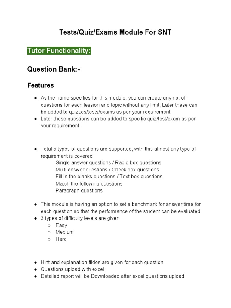Tutor Functionality:: Tests/Quiz/Exams Module For SNT | PDF | Quiz ...