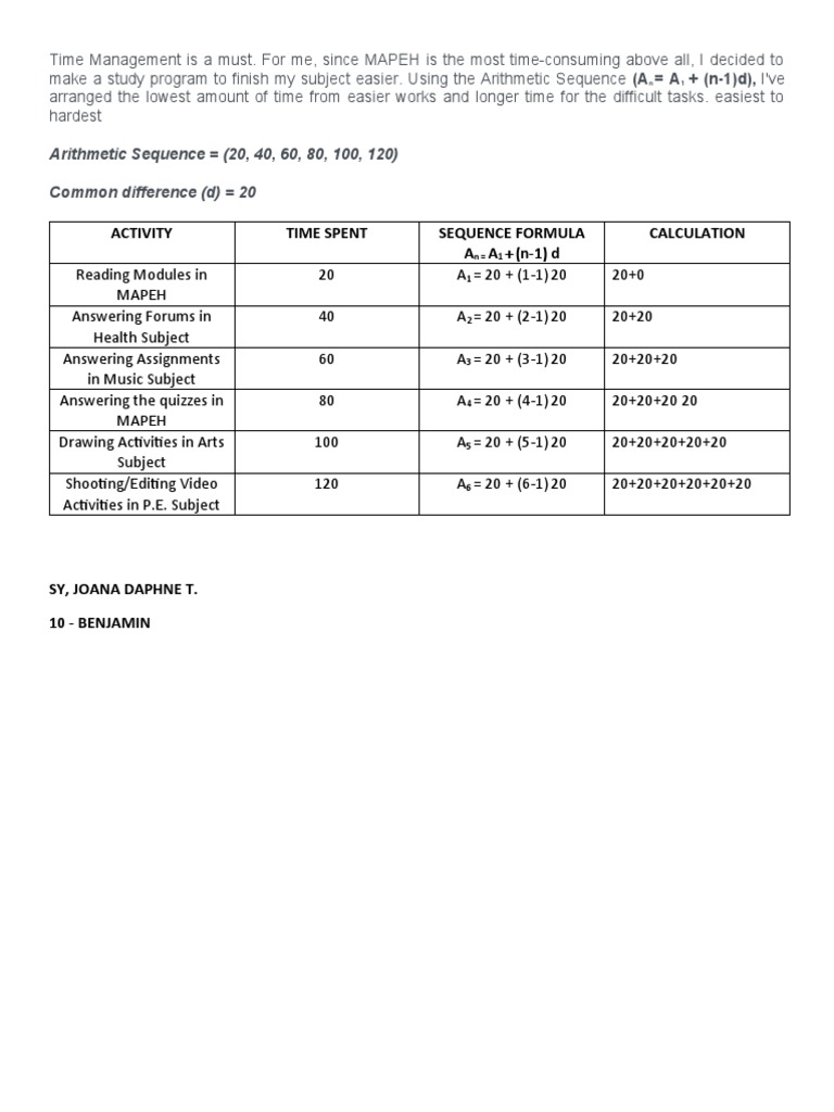 Activity Time Spent Sequence Formula A A + (n-1) D Calculation | PDF