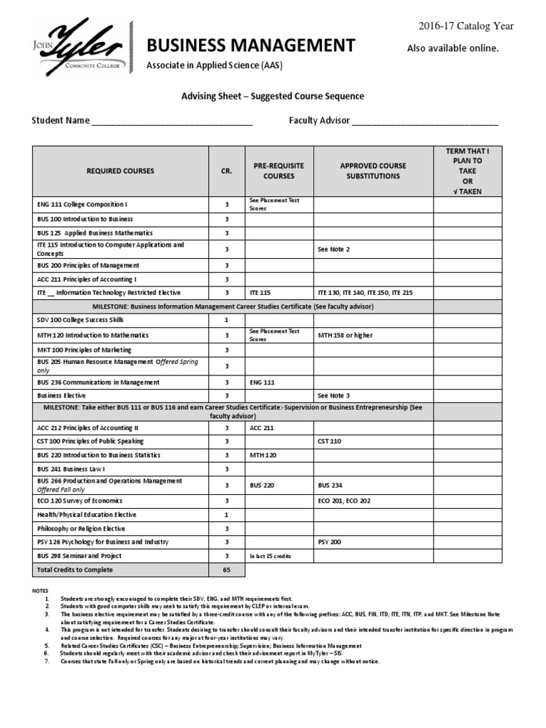 Business Management Advising Sheet Suggested Course Sequence PDF