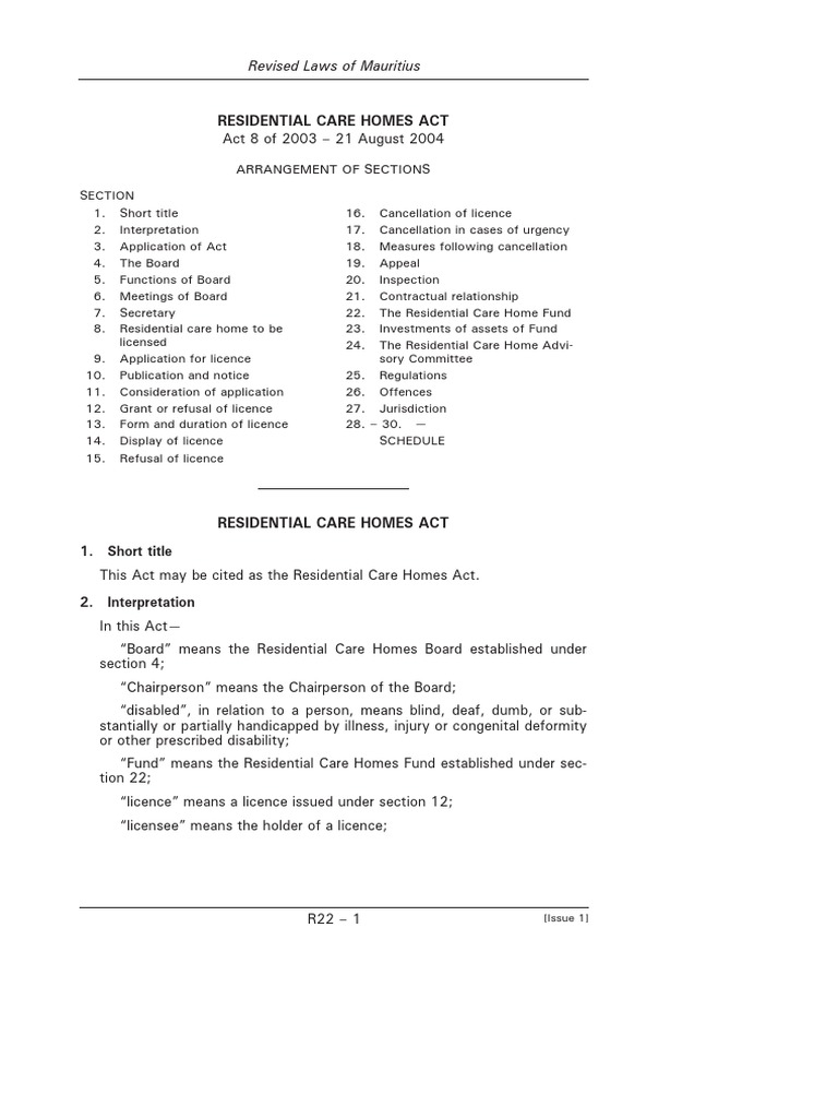 Residential Care Homes Act Revised Laws of Mauritius PDF Nursing