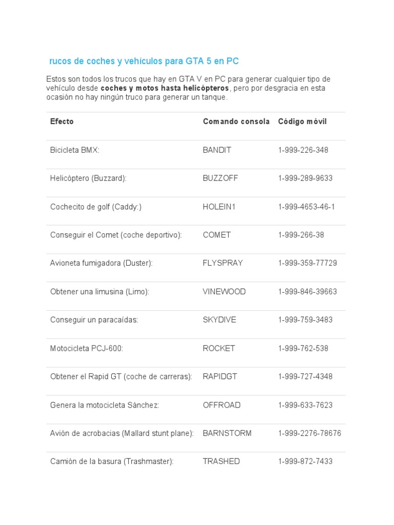 TRUCOS GTA 5 en PC PDF Ocio Arsenal