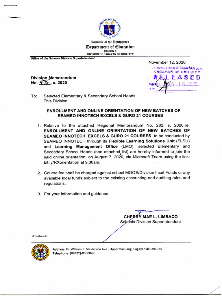 DM475s2020 - Enrollment and Online Orientation of New Batches of SEAMEO  Innotech Excels & Guro 21 Courses | PDF