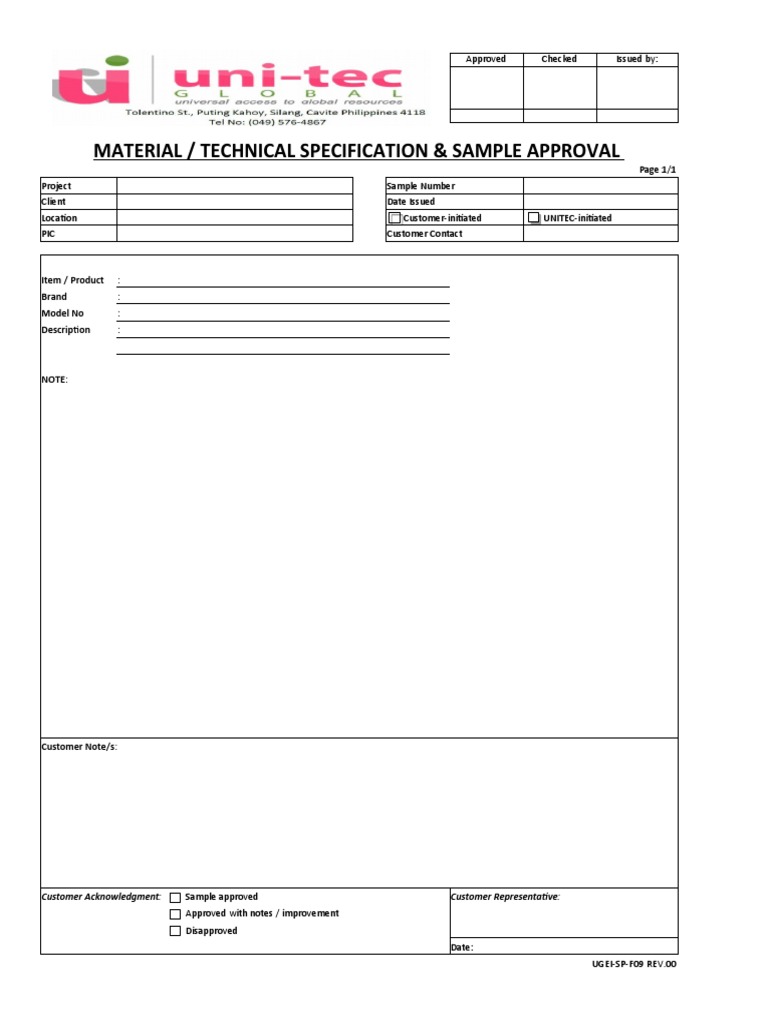 Material / Technical Specification & Sample Approval: Approved Checked ...