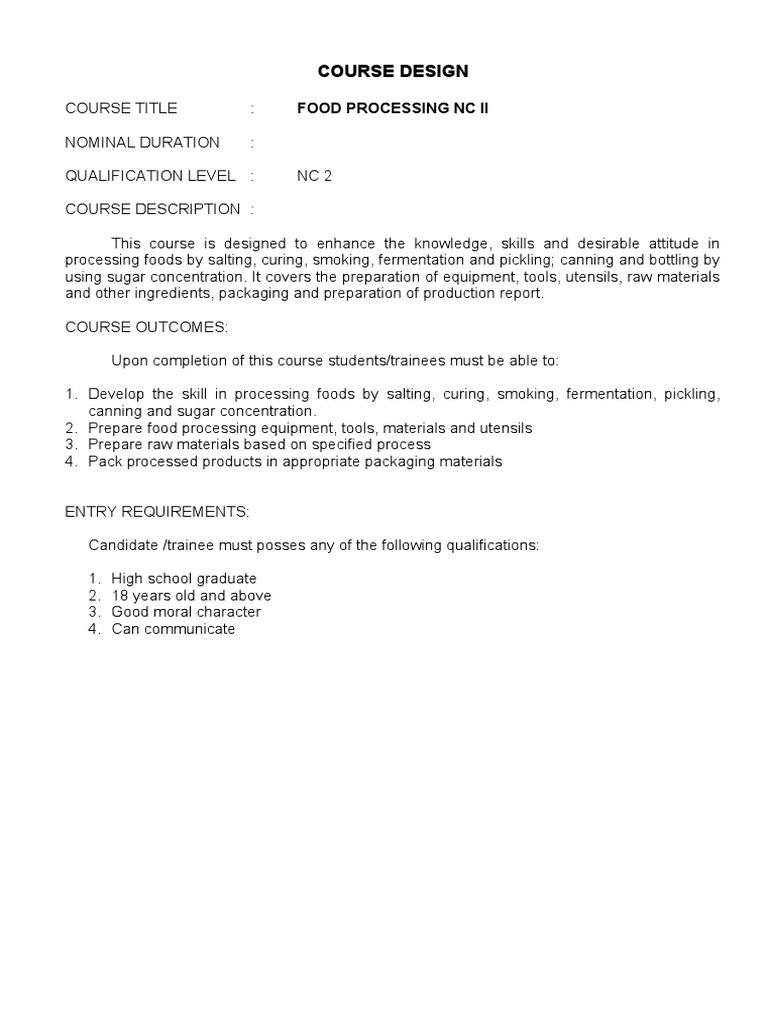 Course Design Food Processing NC2 PDF Foods Food And Drink