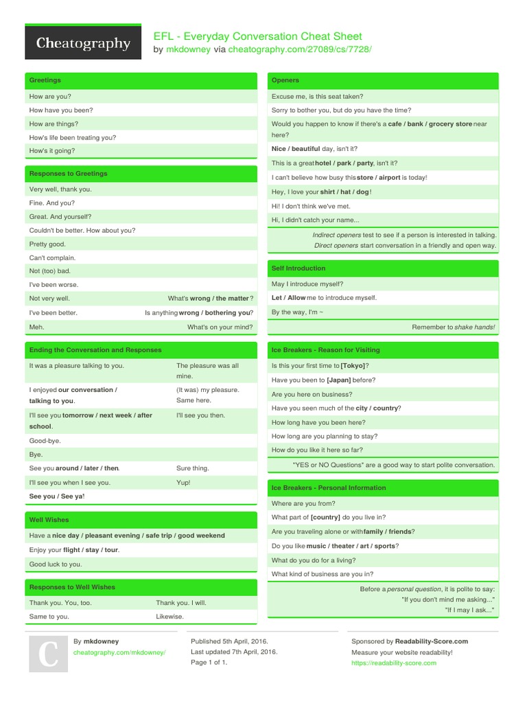 Everyday Conversation Cheat Sheet | PDF | Language Arts & Discipline