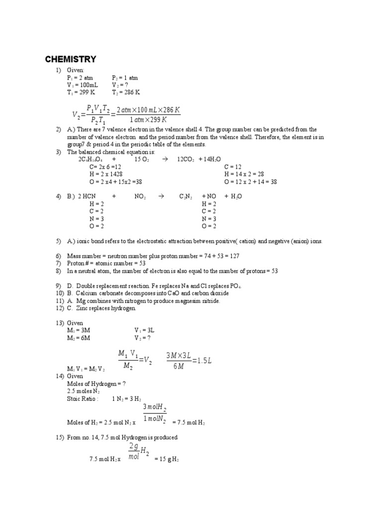 Chemistry Worksheet Answers | PDF | Atoms | Mole (Unit)