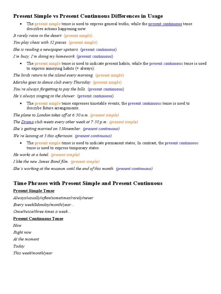 Present Simple vs Continuous Tense Guide | PDF | Language Arts ...