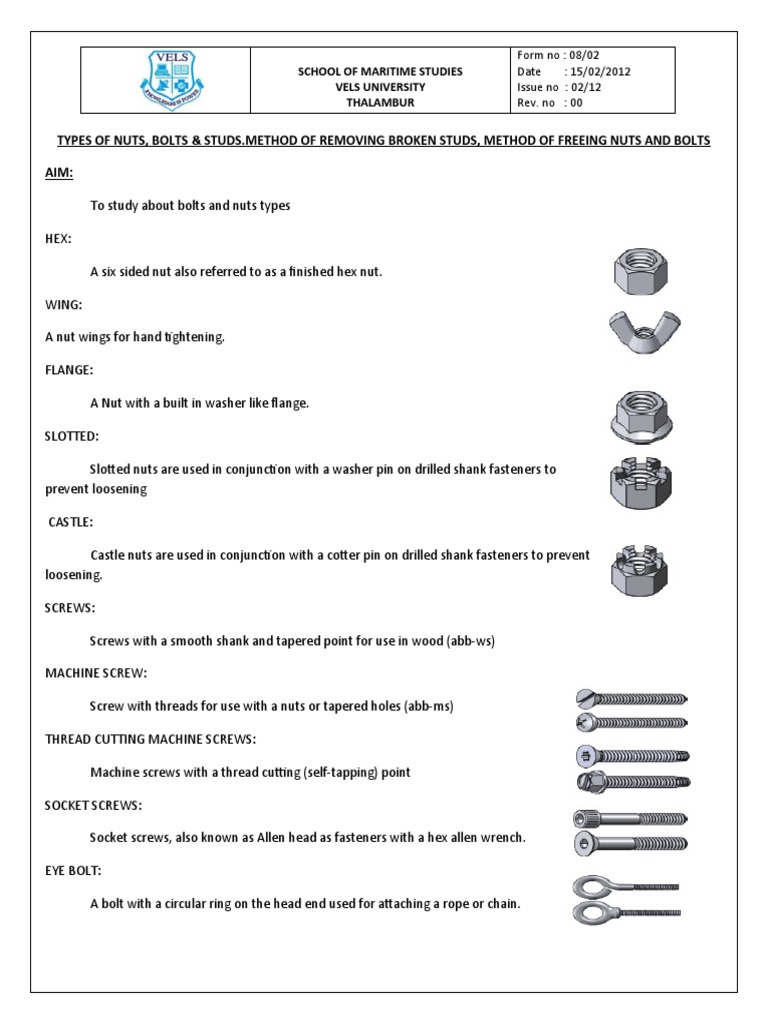Types of Nuts, Bolts & Studs Method of Removing Broken Studs, Method