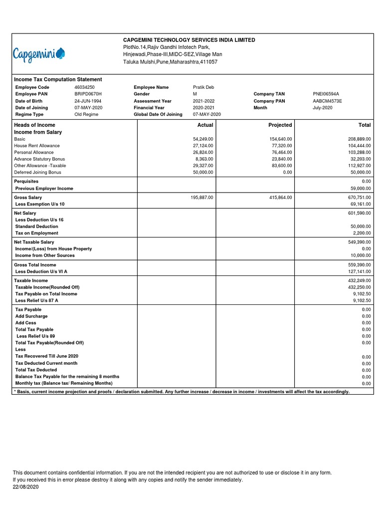 Capgemini Technology Services India Limited PDF Tax Deduction