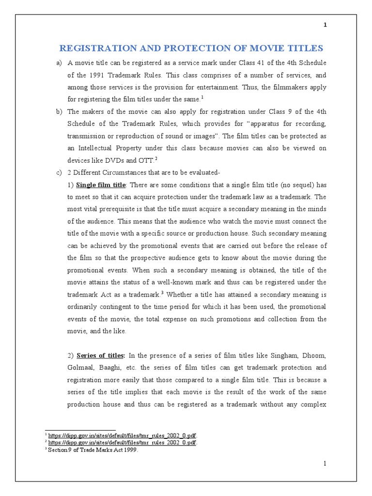 Reg and Protection of Movie Titles | PDF | Trademark Distinctiveness ...
