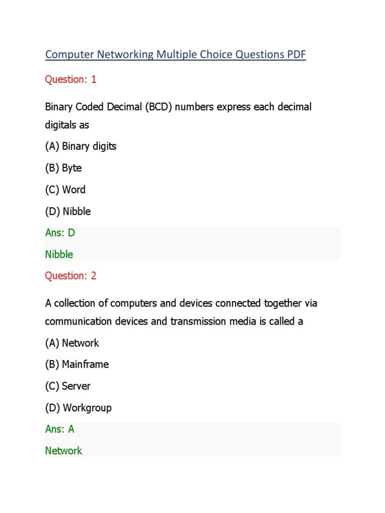 Computer Networking Multiple Choice Questions Answers PDF PDF