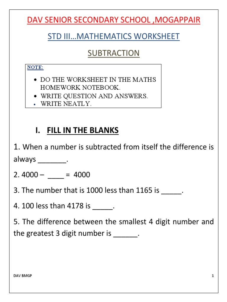 STD 3 Subtraction Worksheet | PDF, image size:768x1024
