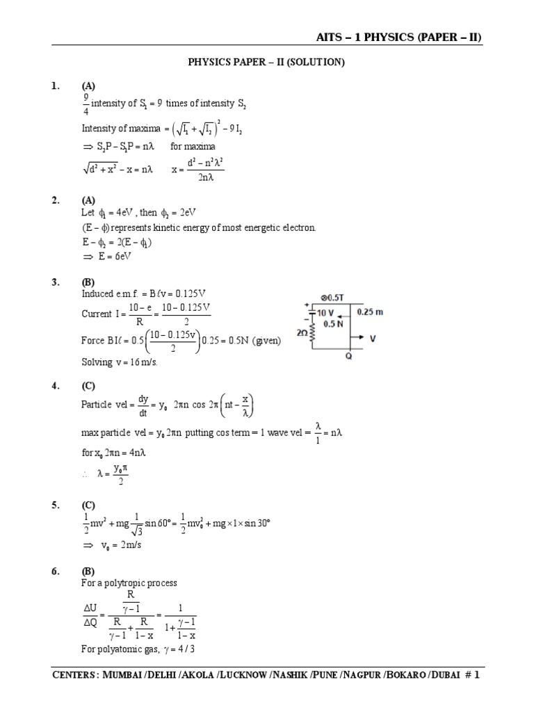 AITS Physics Paper II Solutions | PDF | Dynamics (Mechanics) | Mechanics