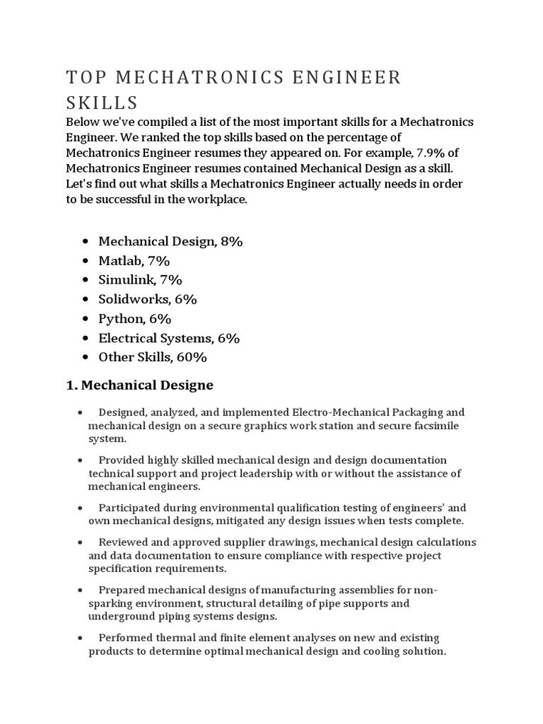 Top Mechatronics Engineer Skills Pdf Matlab Mechanical Engineering
