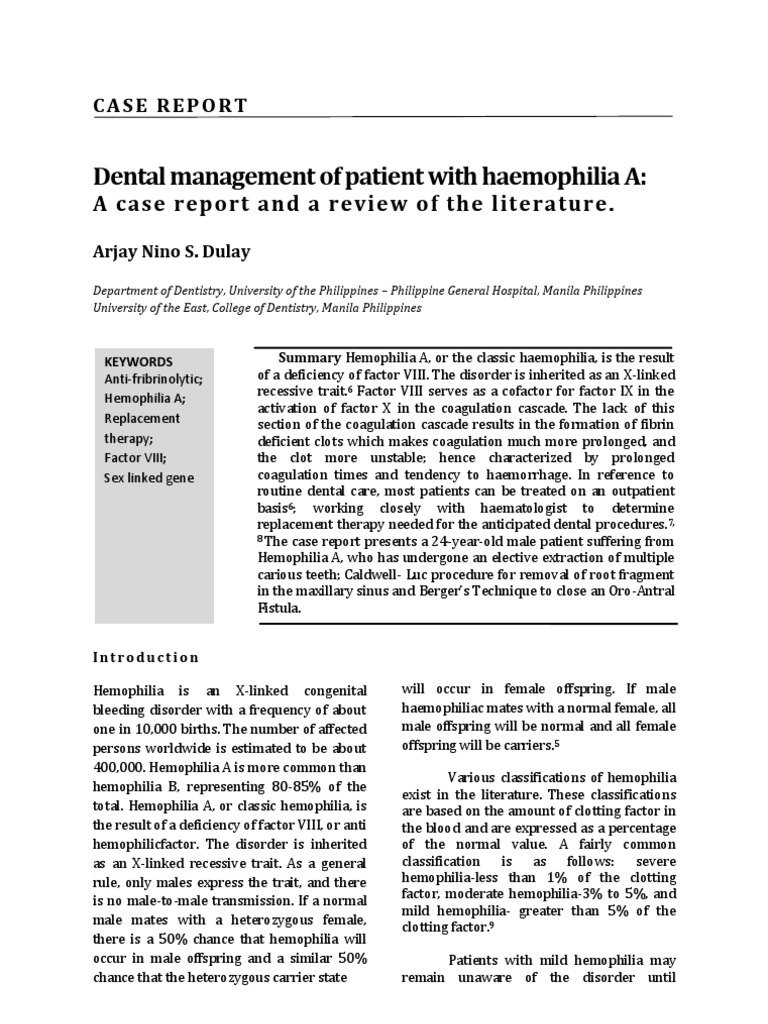 Dental Management of Patients With Hemophilia PDF Haemophilia