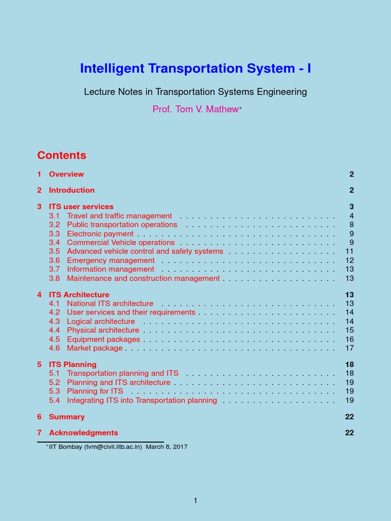 Intelligent Transportation System I Lecture Notes in Transportation