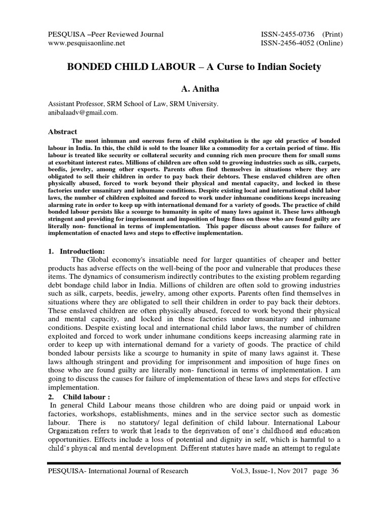 Bonded Child Labour A Curse To Indian Society Pdf Child Labour