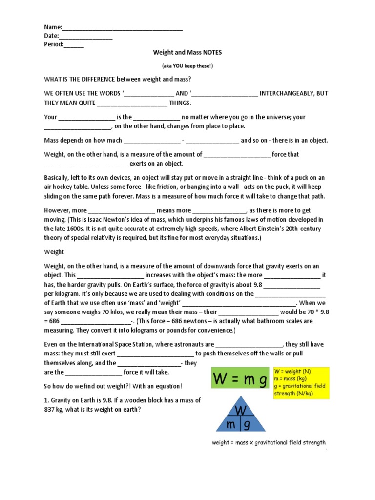 Weight and Mass NOTES | PDF | Weight | Mass