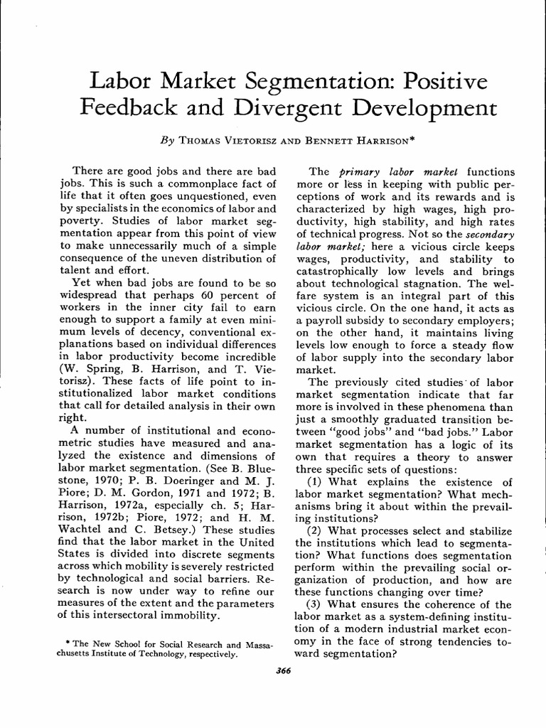 Labor Market Segmentation Positive Feedback and Divergent Development PDF Labour Economics