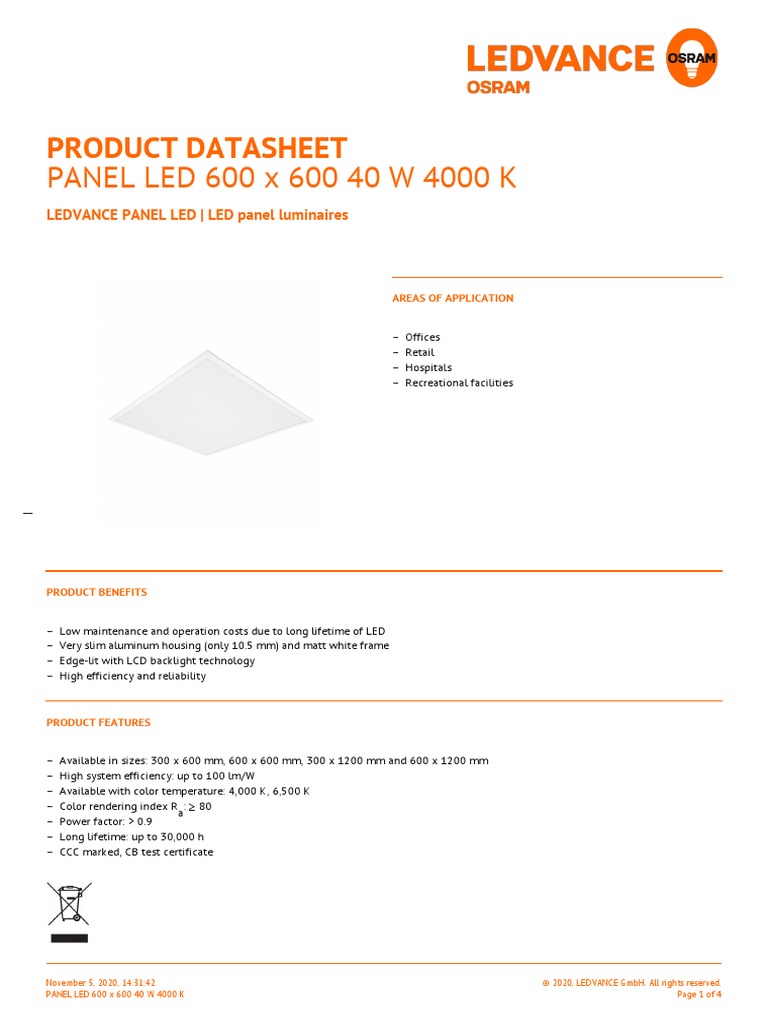 Byttehandel announcer Fremskreden PANEL LED 600 X 600 40 W 4000 K: Product Datasheet | PDF | Mains  Electricity | Electrical Engineering