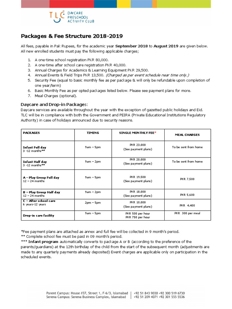 TLC Daycare and Preschool 20182019 Fee Structure A Comprehensive