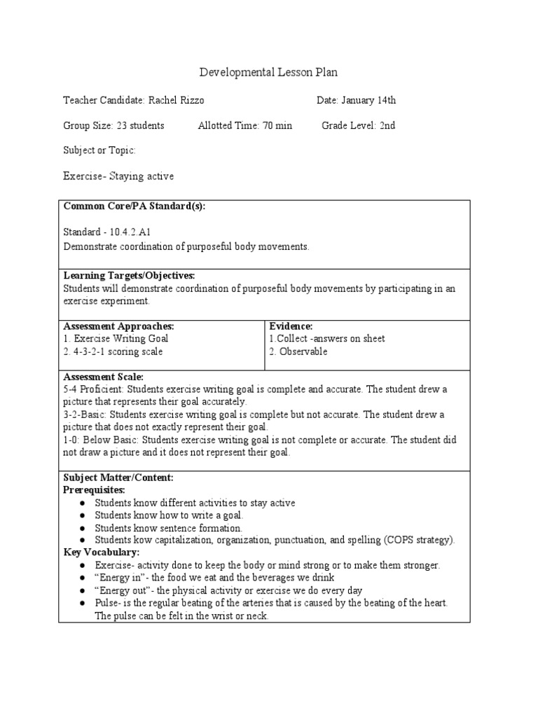 Developmental Lesson Plan: Exercise-Staying Active | PDF | Pulse | Heart