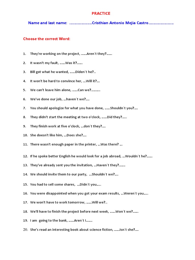 question tag practice pdf
