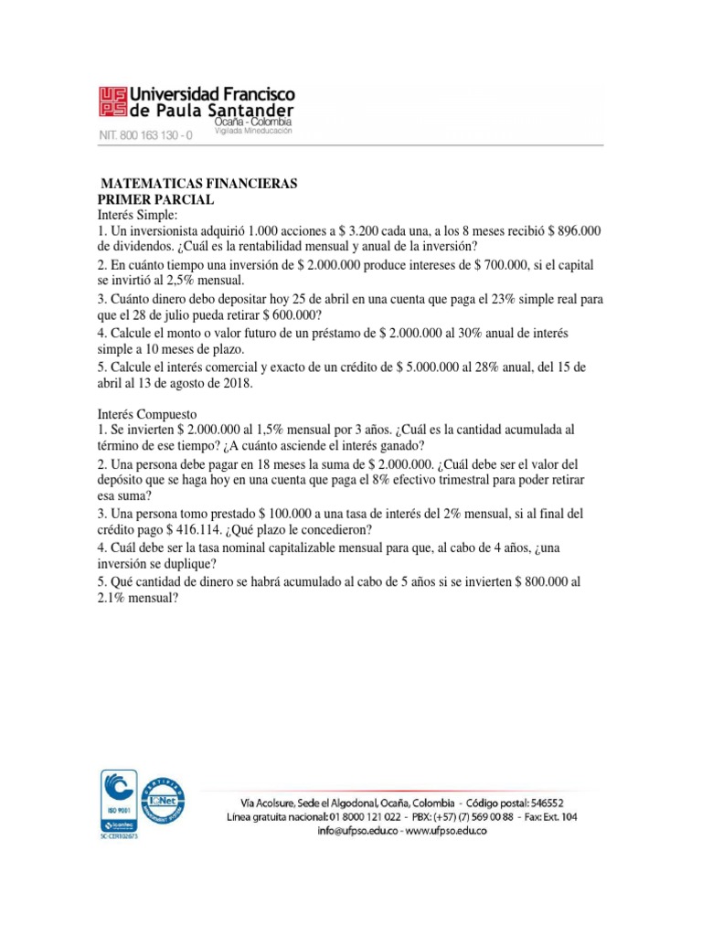 MATEMATICAS FINANCIERAS Parcial 1 PDF | PDF