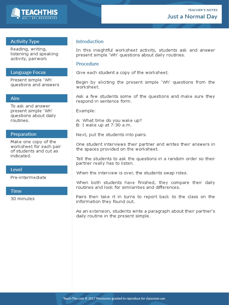 Just A Normal Day Present Simple WH Questions PDF | PDF | Question ...