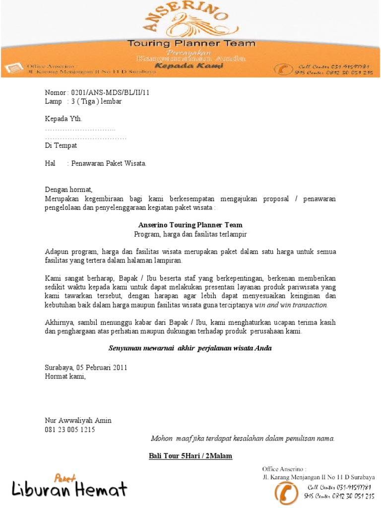 Surat Penawaran Paket Wisata