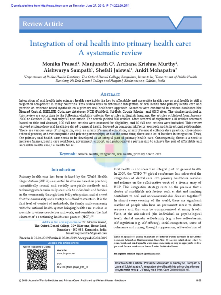 Integration of Oral Health Into Primary Health Car | PDF | Dentistry ...