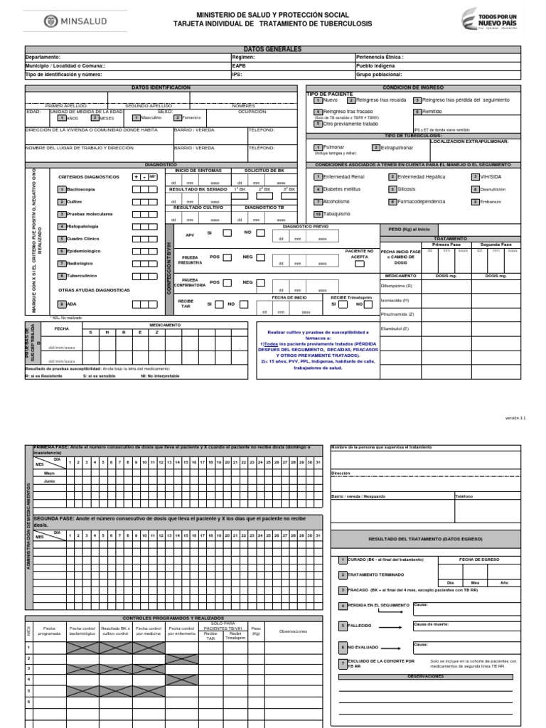 Tarjeta Individual de Tratamiento TB | PDF | Diagnostico medico ...