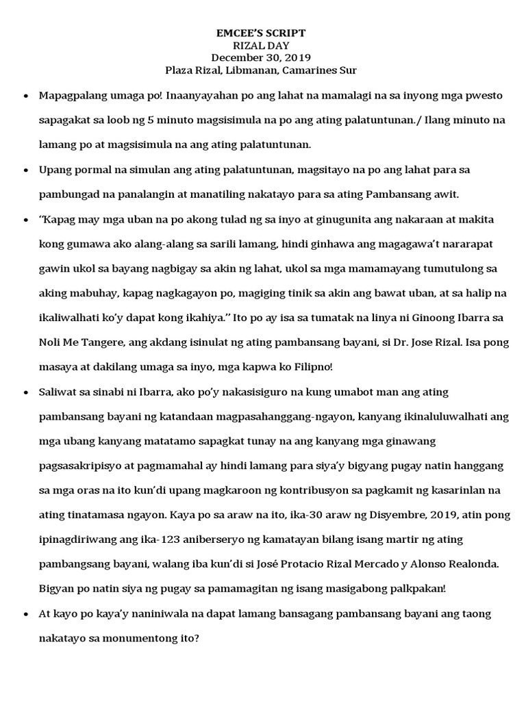 EMCEE Script For Rizal's Day | PDF