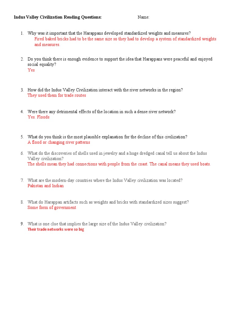 Indus Valley Civilization Reading Questions | PDF