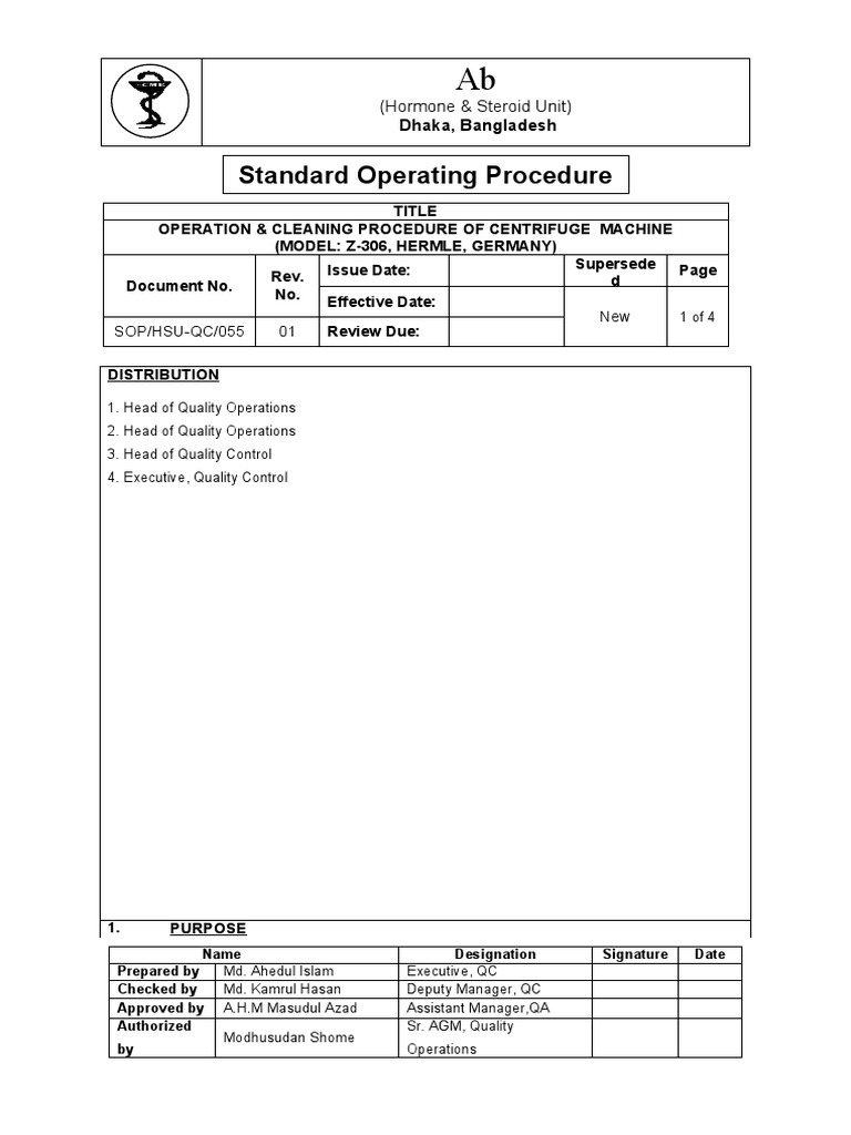 SOP Centrifuge 055 PDF Centrifuge Manufactured Goods