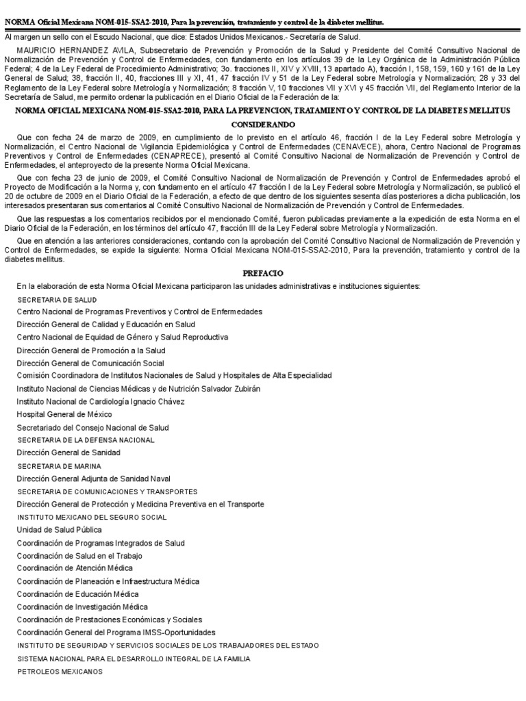 Nom 015 Ssa2 2010 PDF | PDF | Diabetes | Obesidad