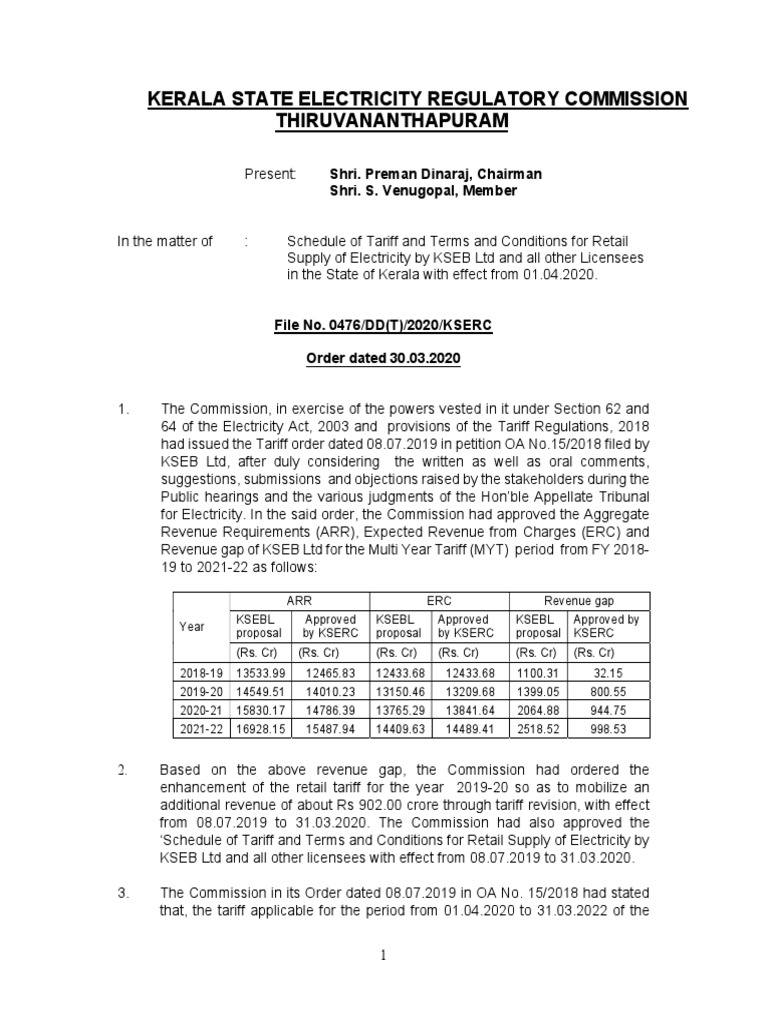 KSERC Tariff Order Extension 2020-2021 | PDF | Social Institutions ...