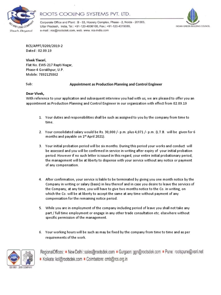 RCS Offer Letter | PDF | Overtime | Employment
