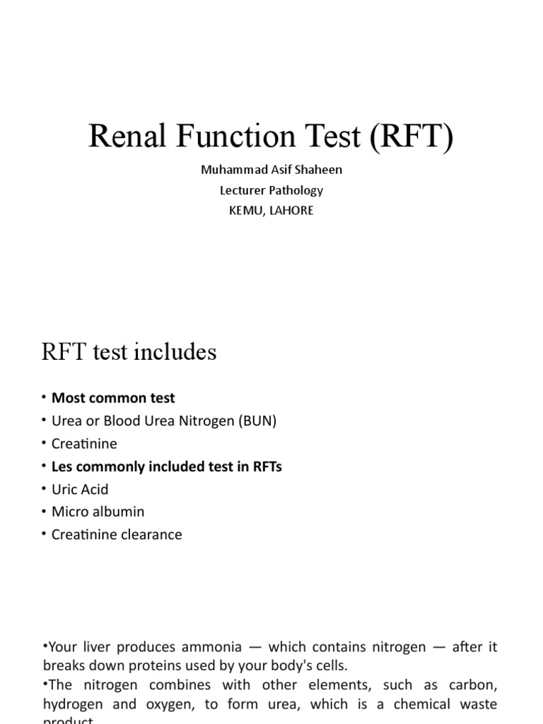 Renal Function Test (RFT) : Muhammad Asif Shaheen Lecturer Pathology ...